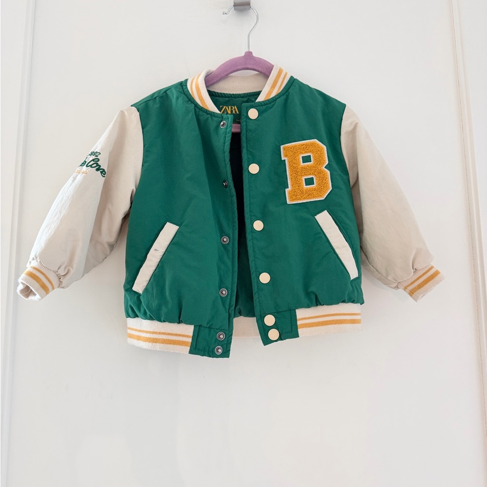 Zara Green and Cream Kids Varsity Jacket